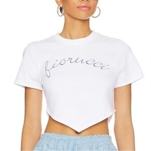 FIORUCCI Scroll V Cut T-shirt White Blue Crop Top Short-Sleeve Size Medium